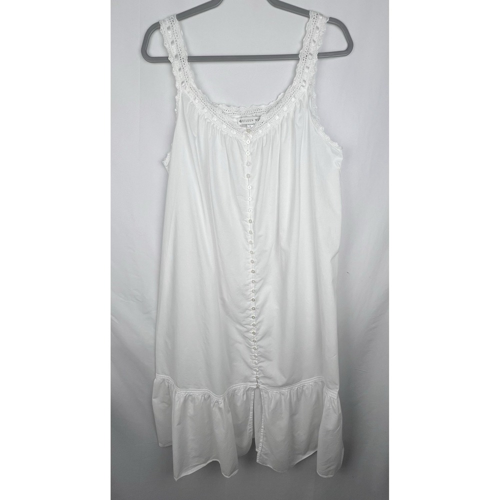 EILEEN WEST Nightgown L White Cotton Lawn Lace Ribbon Floral Button Long
